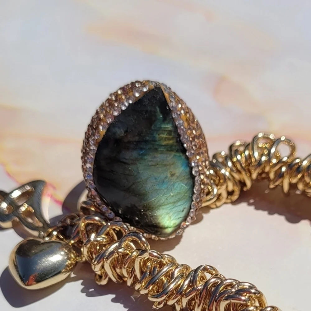 Natural Labradorite & Pave set Hematite Large Silver Ring